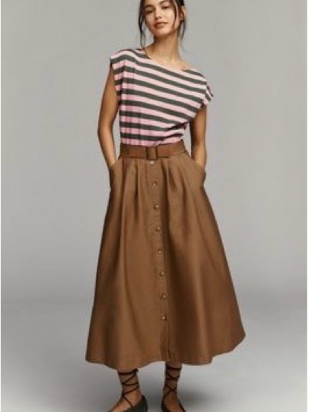 Anthropologie Pink and Olive Striped Knit Top with Brown Button-Front Maxi Skirt